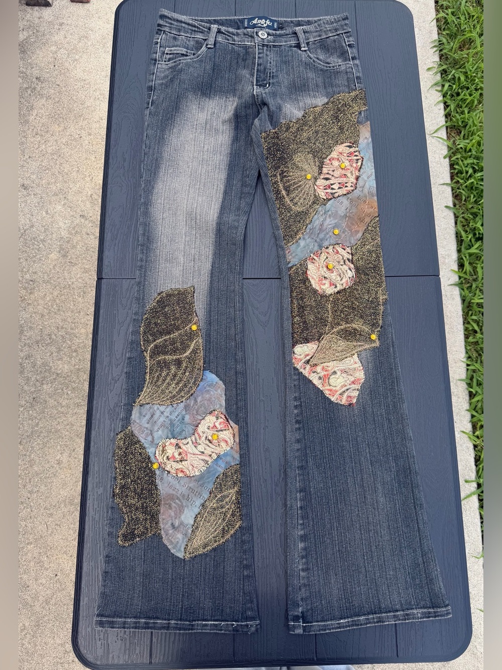 Y2K Dark Blue Patchwork Denim Jeans with Gold Stitching